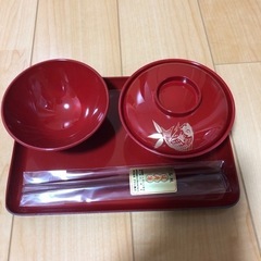 【未使用品】会津塗お食い初め食器　4点セット(赤)