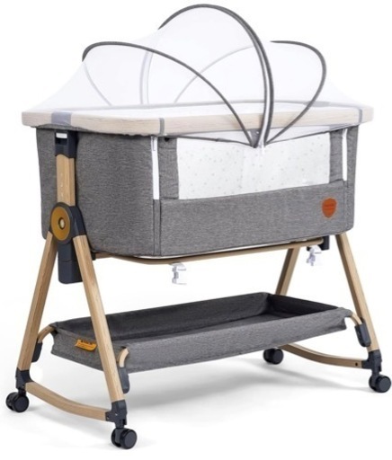 【超美品！】ベビーベッド 揺りかご ベッドサイドベッド  軽量 添い寝ベッド ベビーラック 蚊帳 収納カゴ付き キャスター付き 新生児 0〜36ヶ月 ハイローベッド