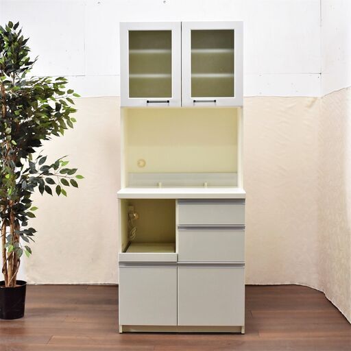 【10/25受渡完了】≪zyt1122ジ≫ パモウナ スリムキッチンボード/食器棚 幅75cm ハイグロス ホワイト キッチンカウンター/レンジボード 50803-08