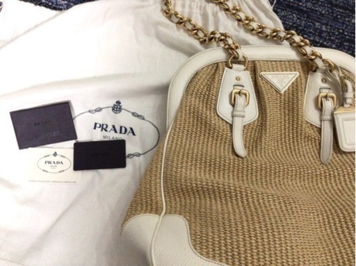 2回のみ使用　プラダ　BR3693 カゴバッグ　ストロートート　白ナチュラル　チェーンショルダーバッグ PRADA保証カード付き　日本国内購入