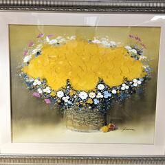 珍品 平山講平作 静物画 油絵 黄色い花 作家直筆サイン