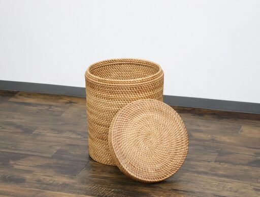 【ヤ取終了10/15】≪W1157ジ≫ ツル編/ラタン編 スツール型 収納ボックス 幅約34.5cm×高さ41.5cm 蓋付き 収納庫 ケース 椅子 家具/インテリア