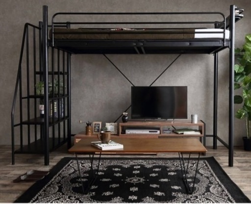 ロフトベッド　アイアン　木目