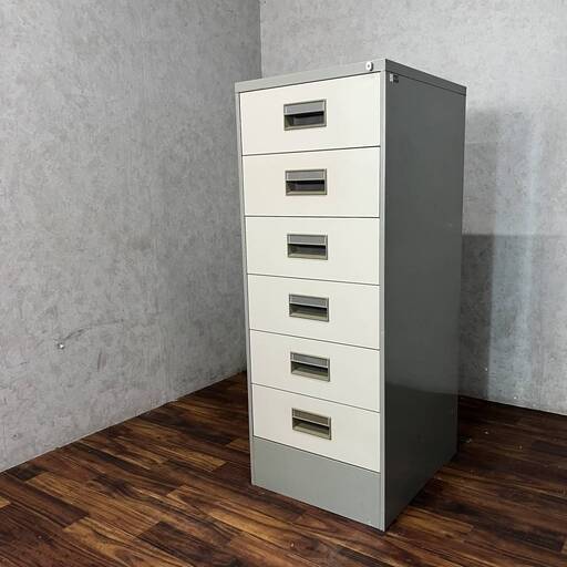 WY6/27 スチール キャビネット 6段 書類ケース 書棚 フロアケース 事務用品 中古 昭和レトロ アンティーク 引き出し 鍵無し ツートン■