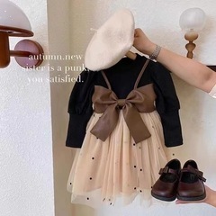 【新品】子供服 女の子 ワンピース 秋冬 ガールズ 長袖 かわいい おしゃれ キッズ 大きボウトップ メッシュ プリンセスドレス カジュアル ドレス 子供 シンプル 可愛い 人気 韓国風 子供服の画像