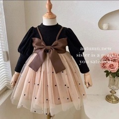 【新品】子供服 女の子 ワンピース 秋冬 ガールズ 長袖 かわいい おしゃれ キッズ 大きボウトップ メッシュ プリンセスドレス カジュアル ドレス 子供 シンプル 可愛い 人気 韓国風 子供服の画像
