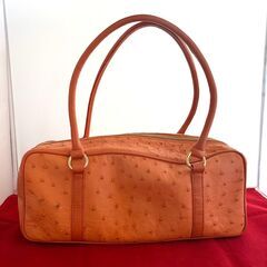 ☆YU HAMANO オーストリッチ ハンドバッグ ダチョウ genuine ostrich 駝鳥 エキゾチックレザー オレンジ☆の画像