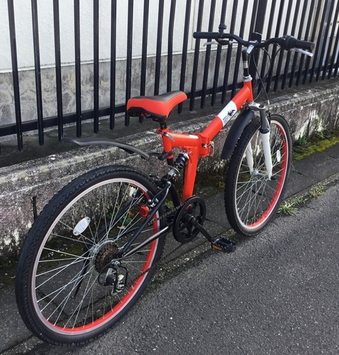 ＜新品・未使用車＞MTB型26インチ折りたたみ自転車・フルサスペンション・ミッキーロケットのロゴ入り・シマノ6段変速・ Vブレーキ・ピ