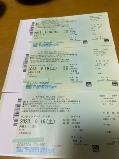 9/16 中日ドラゴンズ観戦チケット