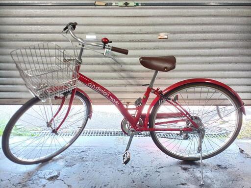 自転車　中古　a.n.design works　通常の26インチより若干小さめ　外装6段変速　ステンレスカゴ　鍵新品　タイヤ26インチ　カラーレッド
