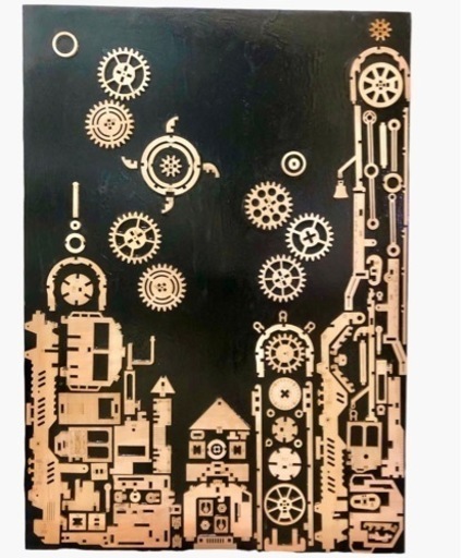 木製電車パズルを使ってウォールアートをした工作品