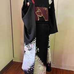 振り袖、帯のセット、黒地に桜