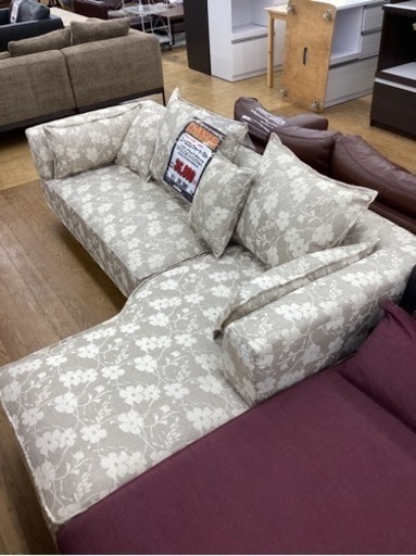 KI-34【新入荷　アウトレット】ユーロコンフォート　花柄　カウチソファ2点セット　ベージュ系
