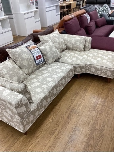 KI-34【新入荷　アウトレット】ユーロコンフォート　花柄　カウチソファ2点セット　ベージュ系