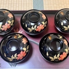 蓋付きお椀 5セット＆お盆 5枚＆お茶菓子受け の画像