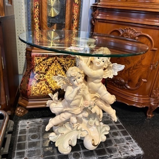 ガラステーブル ラウンドテーブル 丸テーブル 天使 アンティーク