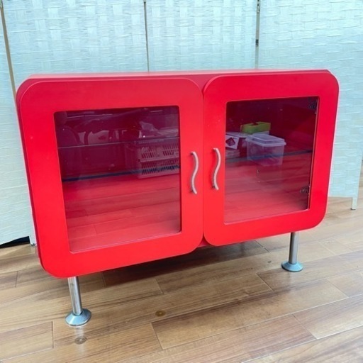 埼P◇キャビネット ロータイプ 赤 幅80cm ガラス扉 インテリア 小物収納 テレビボード テレビ台