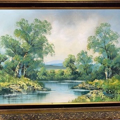 油彩画 作者不明 風景画 森 湖 川 額サイズ 額サイズ 縦67cm 横