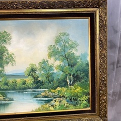 油彩画 作者不明 風景画 森 湖 川 額サイズ 額サイズ 縦67cm 横92cm 絵