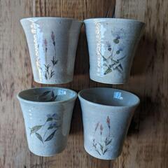 野の花 草花絵 陶器 湯のみ 手づくり ４脚