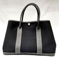 HERMES ガーデンパーティPM トートバッグ ブラック×キャンバス×シルバー金具 中古品 