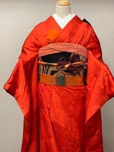 花嫁掛下　正絹　赤・帯　黒　亀甲柄刺繍・小物4点セット　バラ売り可