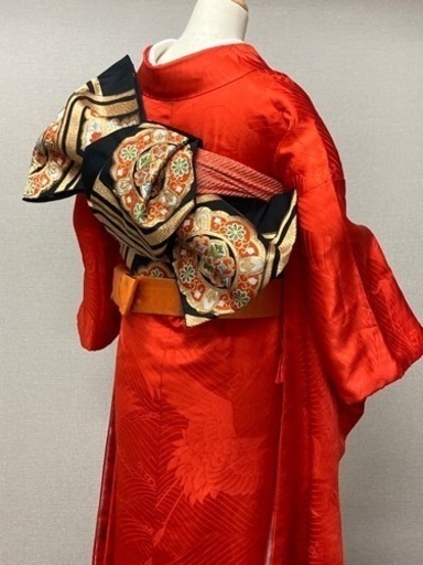 花嫁掛下　正絹　赤・帯　黒　亀甲柄刺繍・小物4点セット　バラ売り可