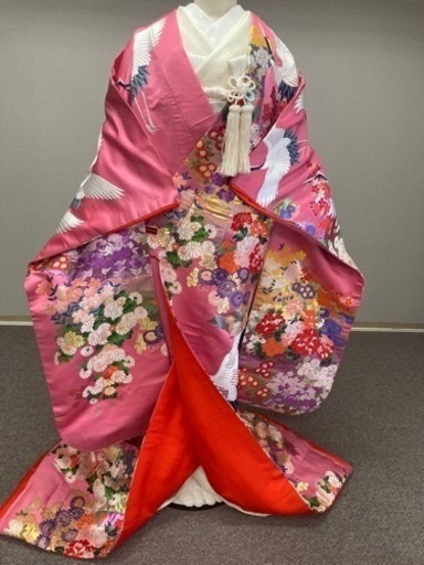 花嫁打掛　正絹　ピンク　彩豊かな花モチーフと鶴