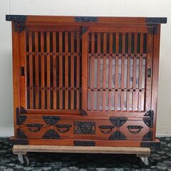 新品未使用 唐木 和風 水屋 収納 格子 木製 家具 棚 スライド引き扉 ガラス扉