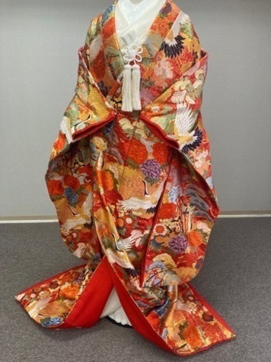 花嫁打掛　正絹　オレンジ　鶴　御所車