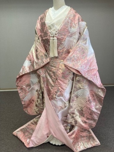 花嫁打掛　正絹　プラチナ・ピンク　鶴　梅の花