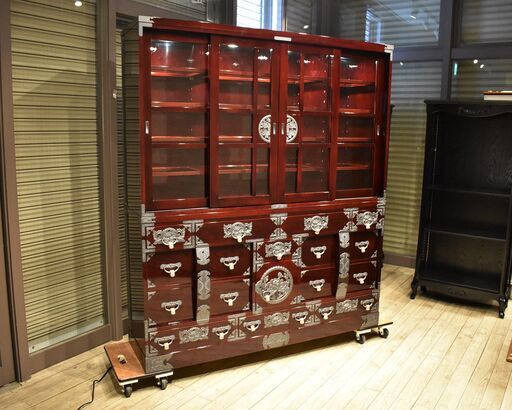 【店直終了8/5】≪yt840ジ≫ 未使用品 欅産業 仙台箪笥リビングボード 仙臺/閂箪笥/かんぬき/鍵/透漆/和箪笥/時代箪笥/サイドボード 50914-01