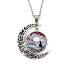 新品・送料無料！満月紅葉夜月猫の風景画ペンダント・ねこモチーフネ...