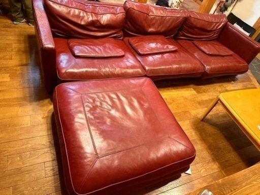 【受け渡し決定】Leatherworld  総革 大型ソファ\u0026オットマン セット レッド