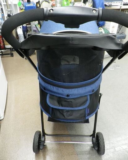 お値下げ！美品！ペット用バギーカー ネイビー 小型犬 折りたたみ可能 軽量・コンパクト ペットパラダイス カゴ・ドリンクホルダー付き　西岡店