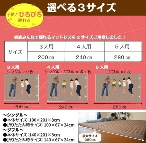 マットレス ファミリータイプ 幅240cm 4人用 ダブル×1枚・シングル×1枚 【決まりました】マットレス　ファミリーサイズ240cm(シングル＋ダブル)