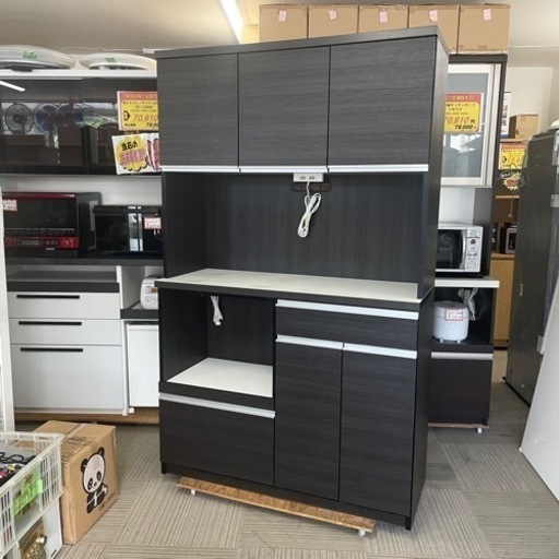 【超美品‼️】大川家具 117cm幅キッチンボード 食器棚 収納家具 木目調ブラック♪