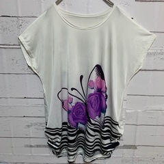 蝶々柄　花柄デザイン　ロングTシャツ　L