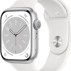 Apple Watch Series 8 GPSモデル、45mmケース シルバーアルミニウムケースとホワイトスポーツバンド レギュラーを組み合わせたスマートウォッチの画像