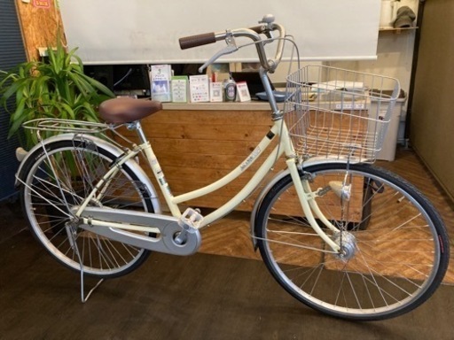 【前輪タイヤ・チューブ新品！】LEDオートライト　26インチ自転車　クリーム　名古屋プレミアム商品券×金鯱マネー参加店舗