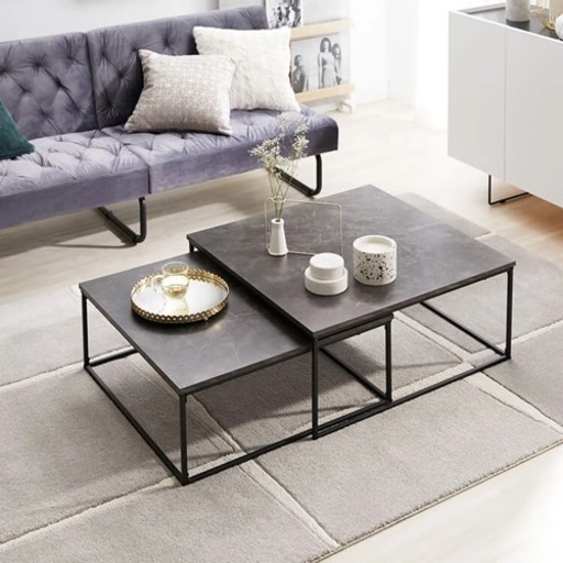 【ほぼ新品】LOWYA リビングテーブル ローテーブル ネストテーブル ローデスク 正方形 スチール 大理石柄