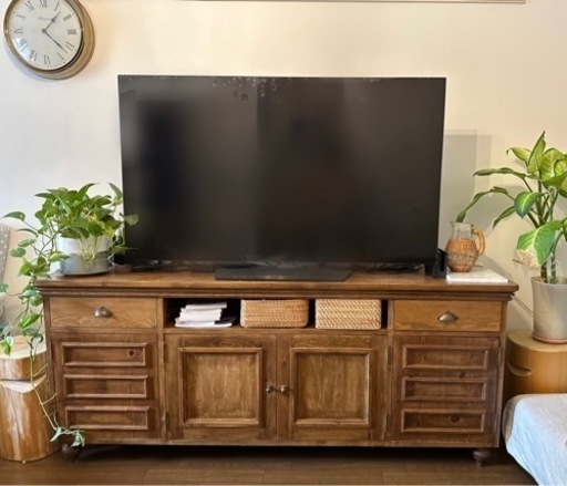 アンティーク風　天然木　プリンターも入るハイタイプテレビ台　キャビネット