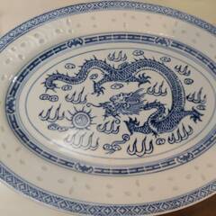 景徳鎮　ホタル陶器　中華皿　楕円 25cm x 8cm 6枚の画像