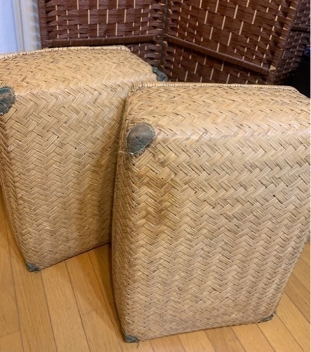 【今週8,000円】【希少な昭和はじめの】「古い綺麗な竹編みの収納かご 行李 竹細工 バスケット 古民具 アンティーク 」