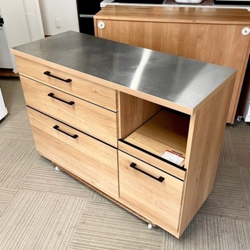 【超美品‼️】定価93,500円♪ 古賀家具 120cm幅キッチンカウンター(カフェ120) ステンレス天板 食器棚 収納家具 木製ブ