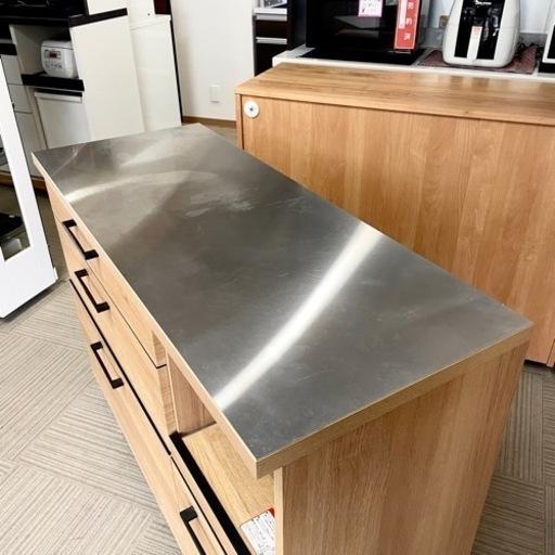 【超美品‼️】定価93,500円♪ 古賀家具 120cm幅キッチンカウンター(カフェ120) ステンレス天板 食器棚 収納家具 木製ブ