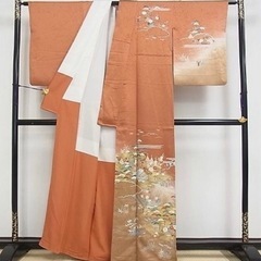 橙色 訪問着　風景草花文　暈し染め　金彩　逸品