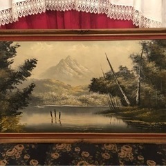 山と森と湖の絵画　額縁木製