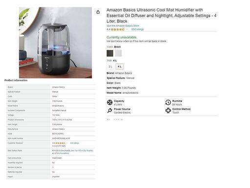 【新品】Amazon 加湿器 アロマディフューザー付　タンク4L
