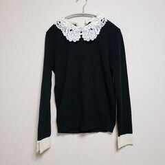黒ニットセーター 襟 レース ホワイト 厚手 韓国 レディースの画像